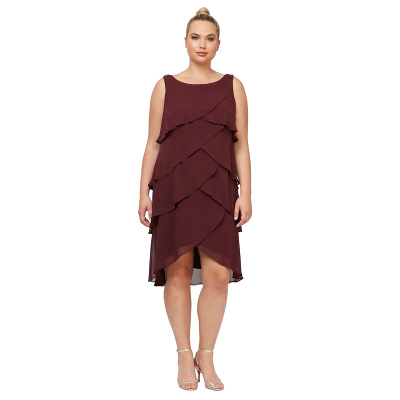 S.L. Fashions Women's Plus-Size Solid Multi-Tier Embellished Shoulder Dress, Fig, 20W - Image 1